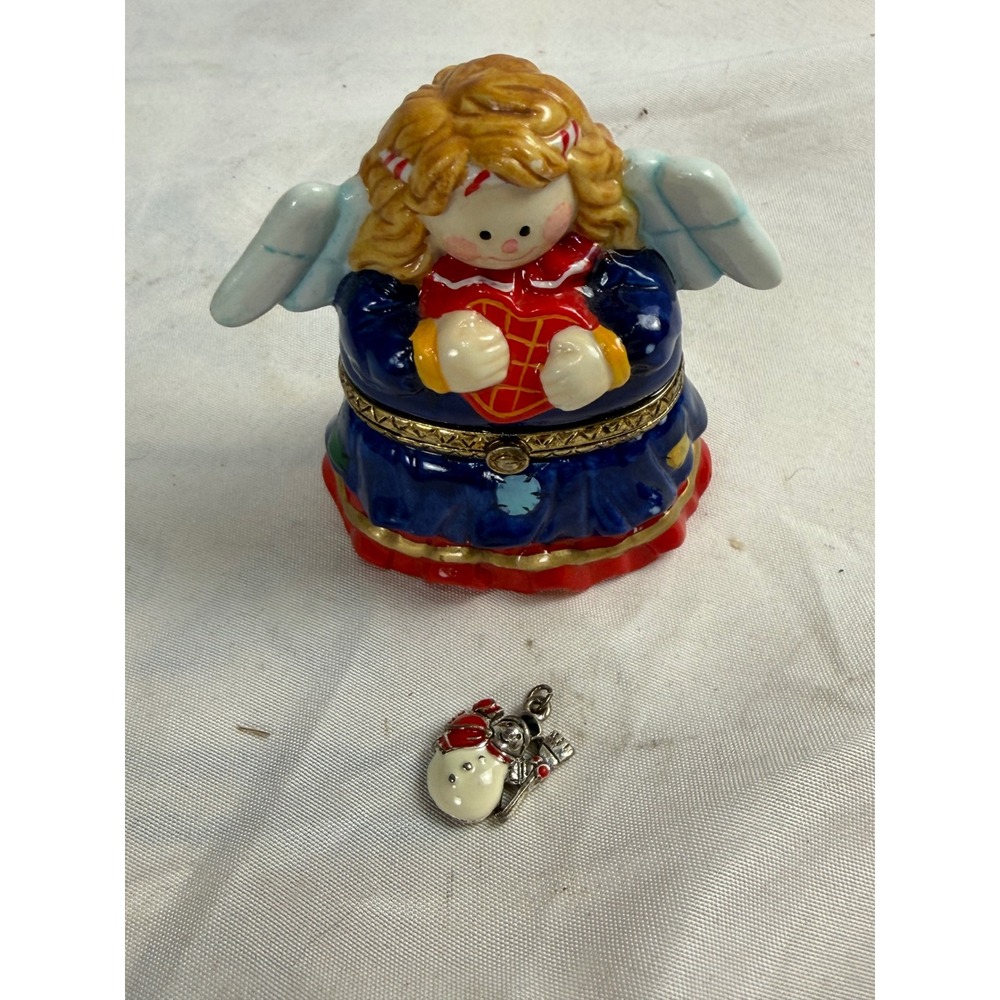 Autom Angel Ceramic Hinged Trinket Box with Snowman Charm Christmas Decor